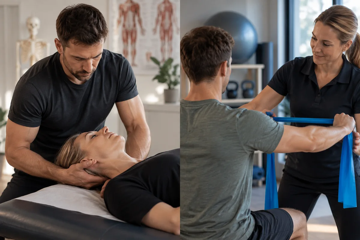 Vertailukuva manuaalisesta osteopaattisesta hoidosta ja fysioterapeutin ohjaamasta harjoittelusta.