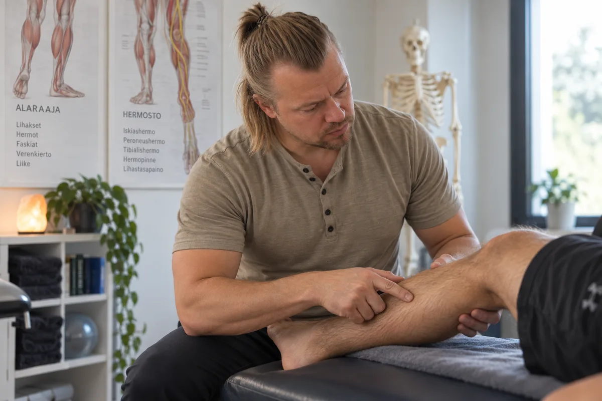 Osteopaatti tutkii säären hermopinneoiretta vastaanotolla.