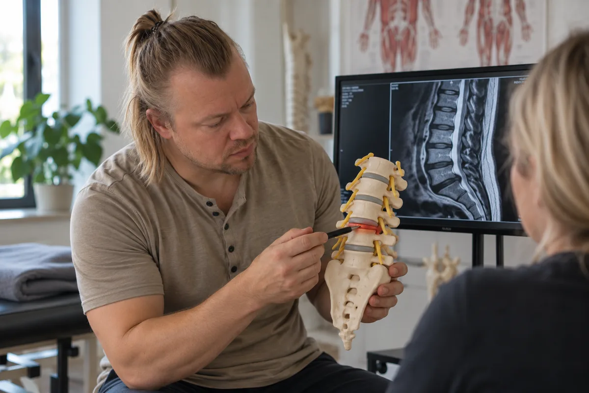 Osteopaatti havainnollistaa välilevypullistumaa selkärankamallin ja magneettikuvan avulla.